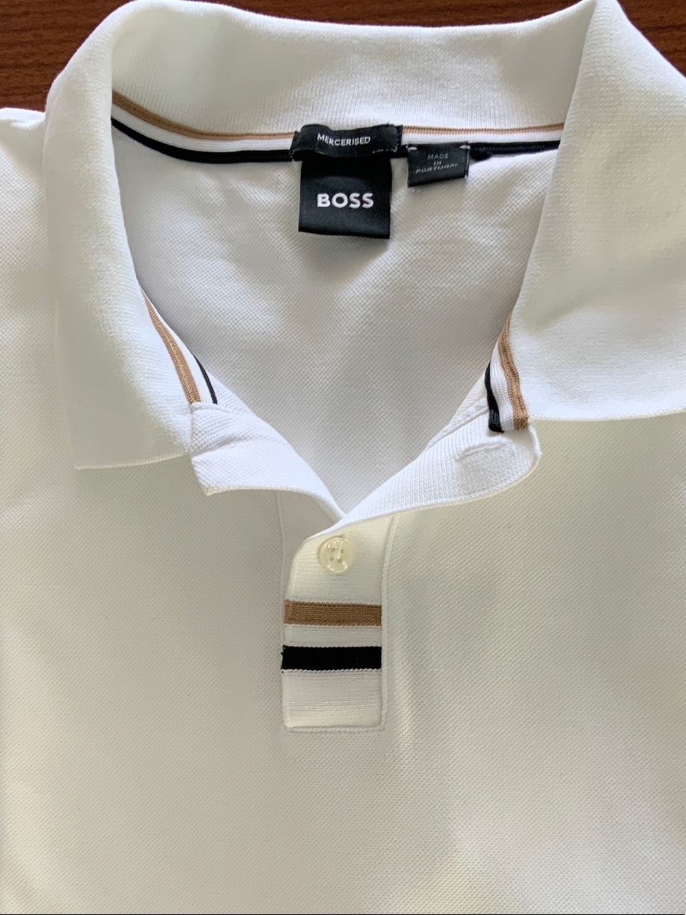 BOSS White Polo with Tan and Black Trim
